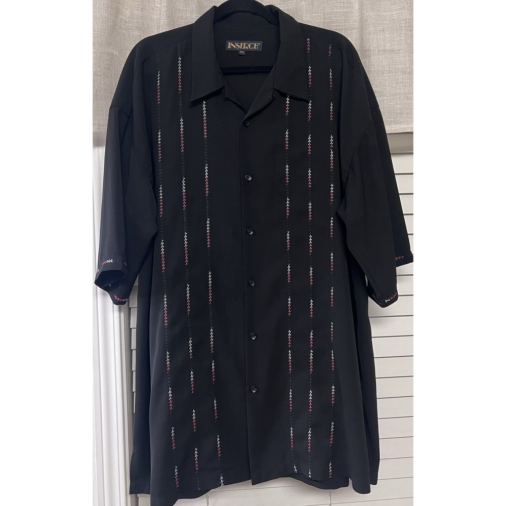 INSERCH 4XL Black Embroidered Zig Zag  Short Sleeve Button-Up Shirt Big & Tall